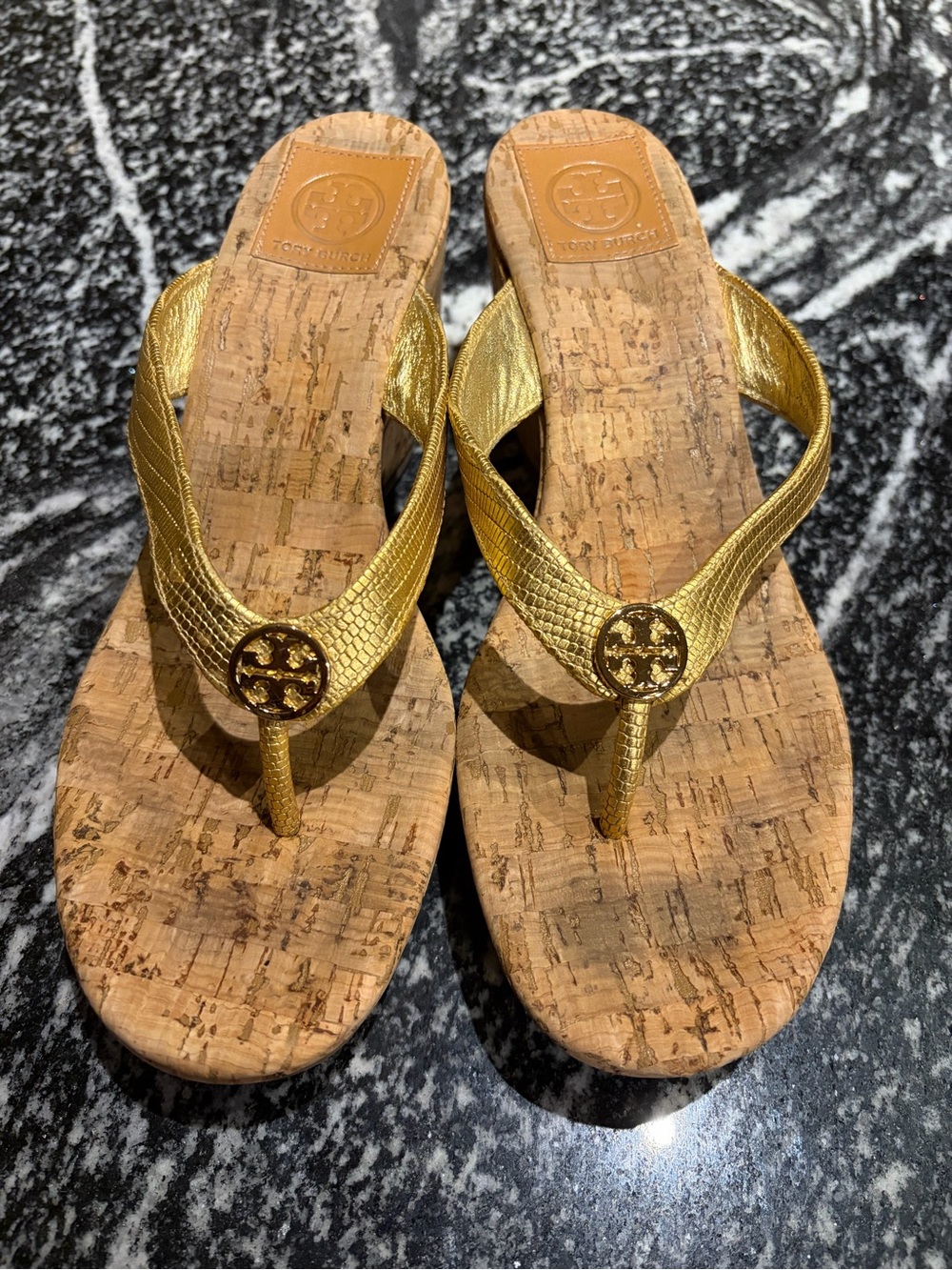 Tory Burch Gold Cork Wedge Thong Sandals - Picture 8 of 9
